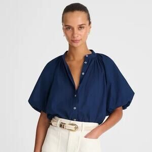 NWT Madewell Shirred Balloon-Sleeve Top in Cotton Voile Navy Size XS